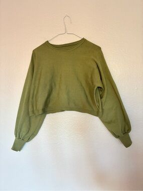 Unbranded Muted Green Cropped Sweatshirt Puff Sleeves Long Sleeves Sweater Top